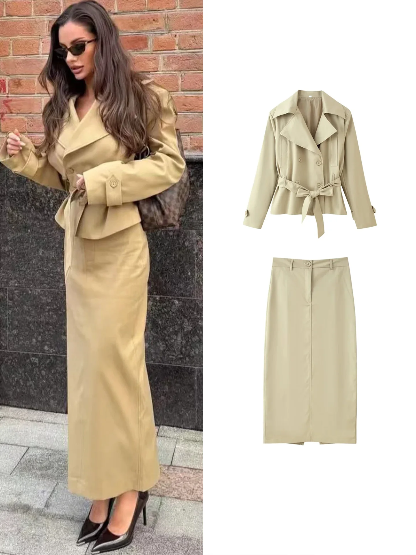 Women's Double-Breasted High-Waist Coat Skirt Set Long Sleeve Turn-down Collar Windbreaker High Split Hemline Fashion Ensemble