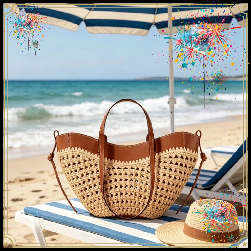 Sac fourre-tout léger en raphia et cuir PU ajouré, fait main, grande capacité,  idéal pour la plage - Collection été 2026