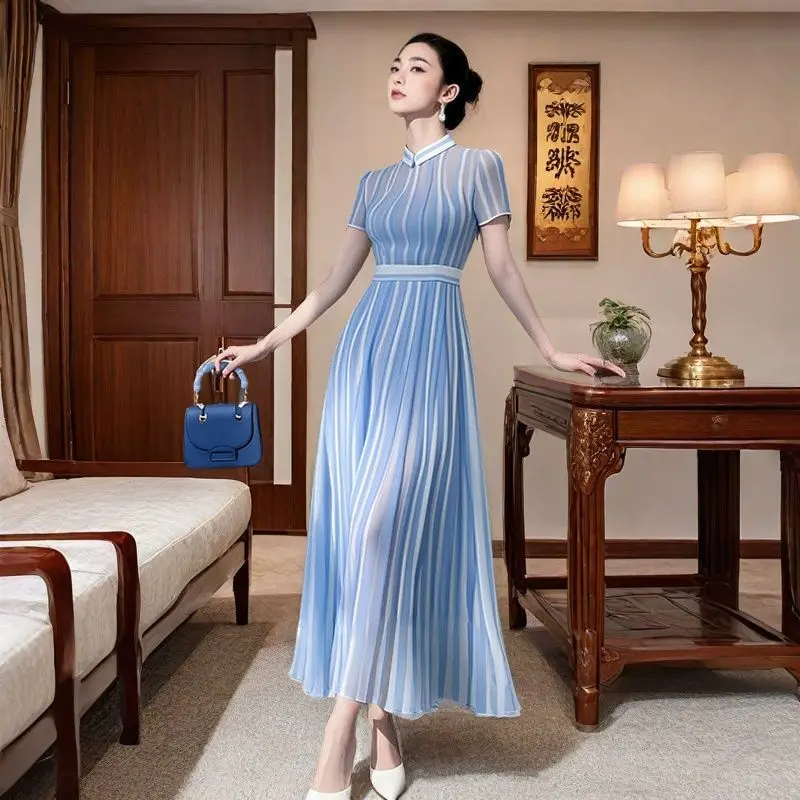 

Summer Fashionable Striped Corset Elegant Dress Ladies Temperament Patchwork Slim Short Sleeve Long Dress Women Clothes Dresses