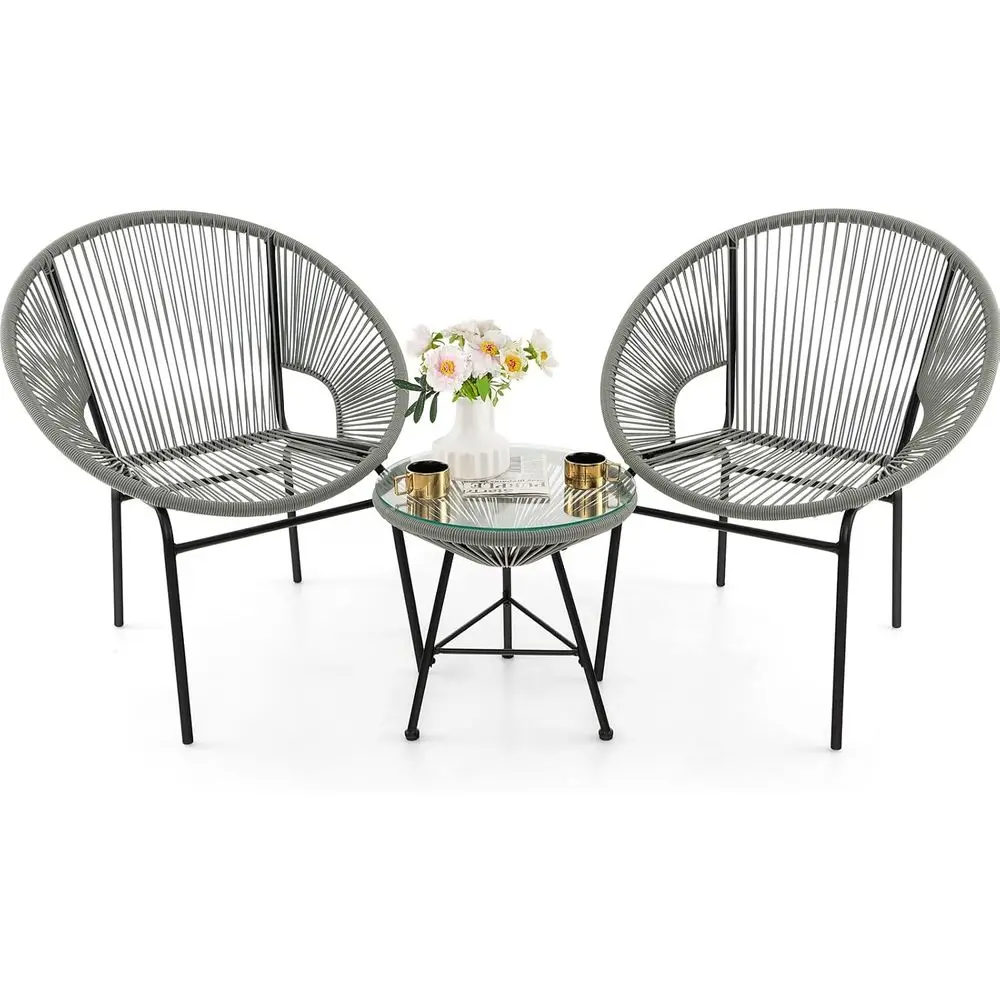 3-Piece Outdoor Patio Furniture Set with Rope Chairs and Tempered Glass Table, Weather-Resistant Bistro Set for Patio, Lawn, and