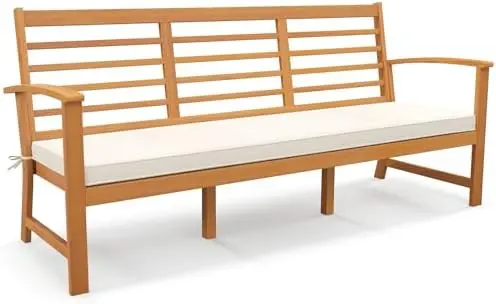 64 Inch Patio Acacia Wood Bench, 3-Seat Extra Long Chair with Cushion, Slatted Seat & Backrest, 3-Person Outdoor Wood