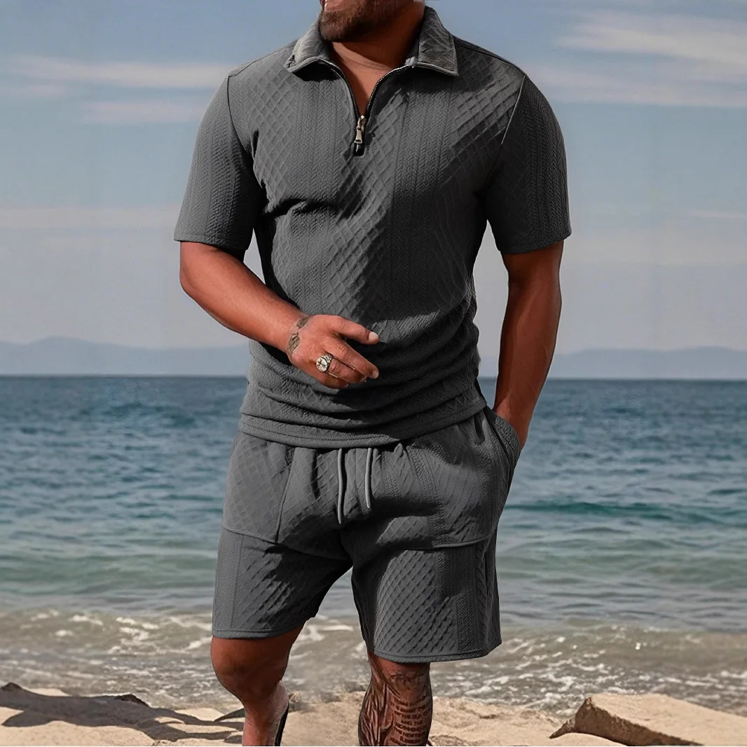 

New Summer Jacquard Suit for Men Casual Sports Polo Shirt with Lapel and Shorts Men Sets