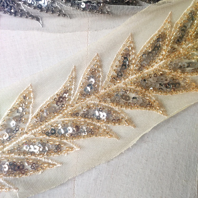 3Yard 6cm Leaf Gold Seeds Beaded Embroidered Trim Sequin Lace Trim Paillette Ribbon Wedding Dress Dentelle Applique