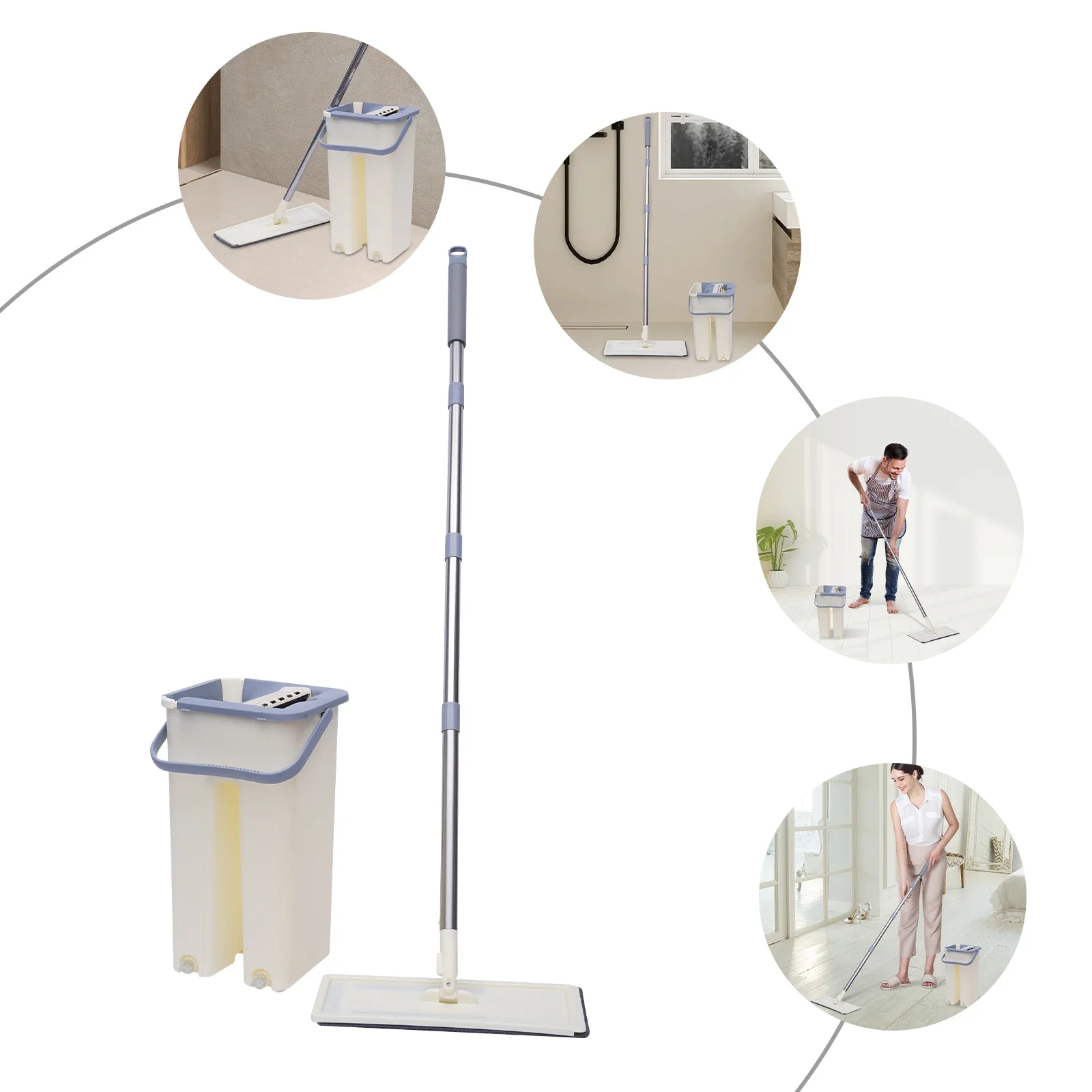 Bodenwischer-Set mit 2-Kammer-Eimer und 10 Mikrofasertuchern | Edelstahlwischer 360° ° Drehbar (128 cm) für Hart-/Teppichböden – Detail 1