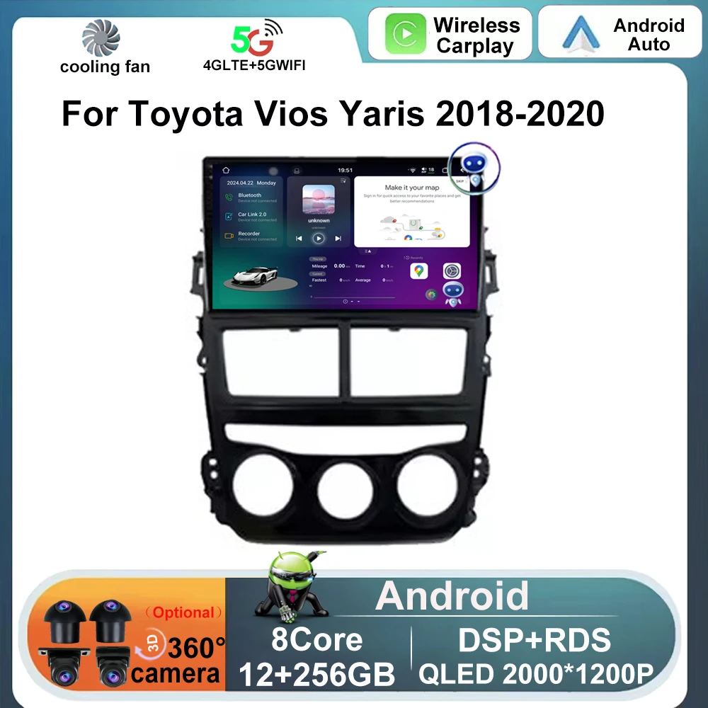 

Android 14 Carplay Auto Car Radio 9" For Toyota Vios Yaris 2018-2020 Navigation GPS Multimedia Player video Stereo wifi+4G BT