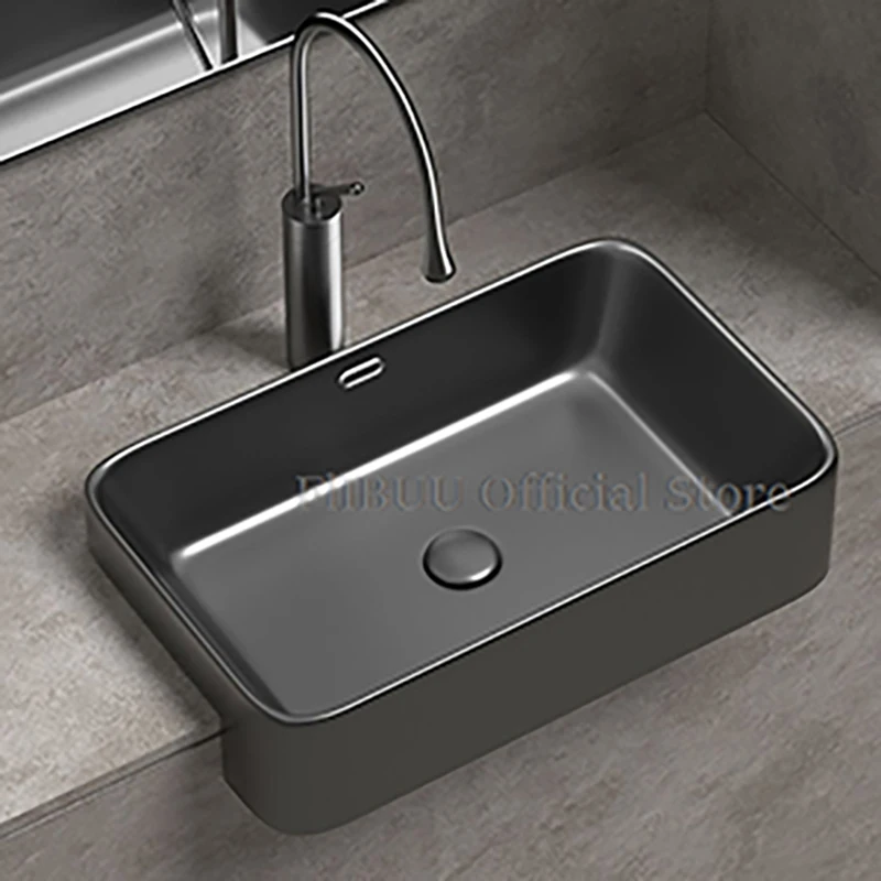 

Semi-embedded Ceramic Bathroom Vessel Sink Bowl Single Sink Bowl Lavatory Wash Hand Basin Gray Stone Pattern Household WashBasin