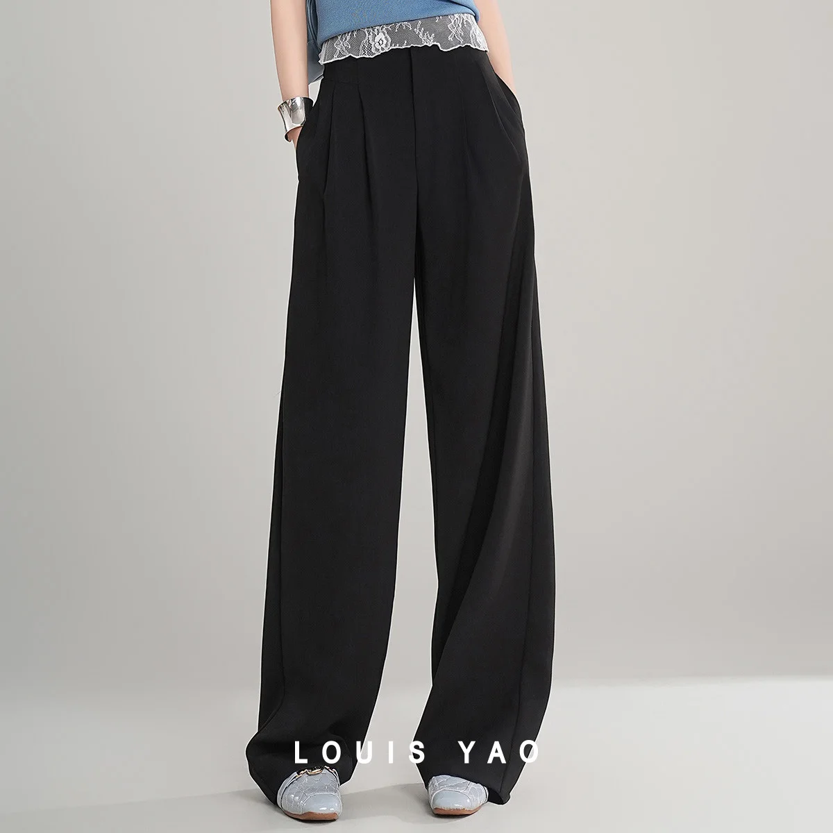 

LOUIS YAO Simple High Waist Pants 2025 Casual Fashion Personalized Thin Non Elastic Back Waist Elastic Design Casual Pants