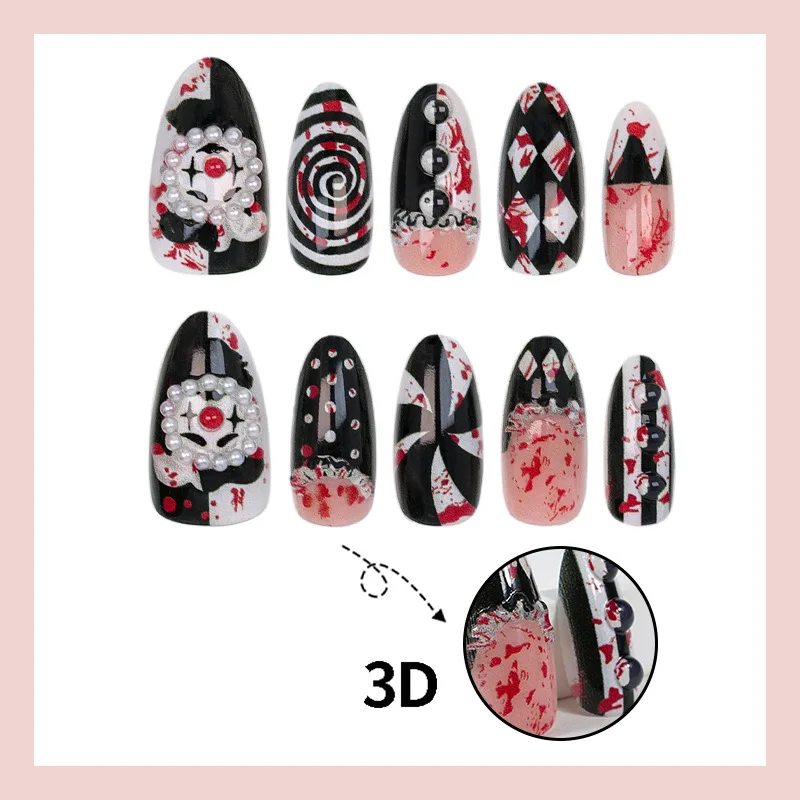 24 Stück Dunkle Gothic Mandel-Kunstnägel Halloween Horror Clown 3D Charms Rote Blutstropfen Wirbel Rhombus Gestreifte Nägel zum Aufkleben – Detail 4