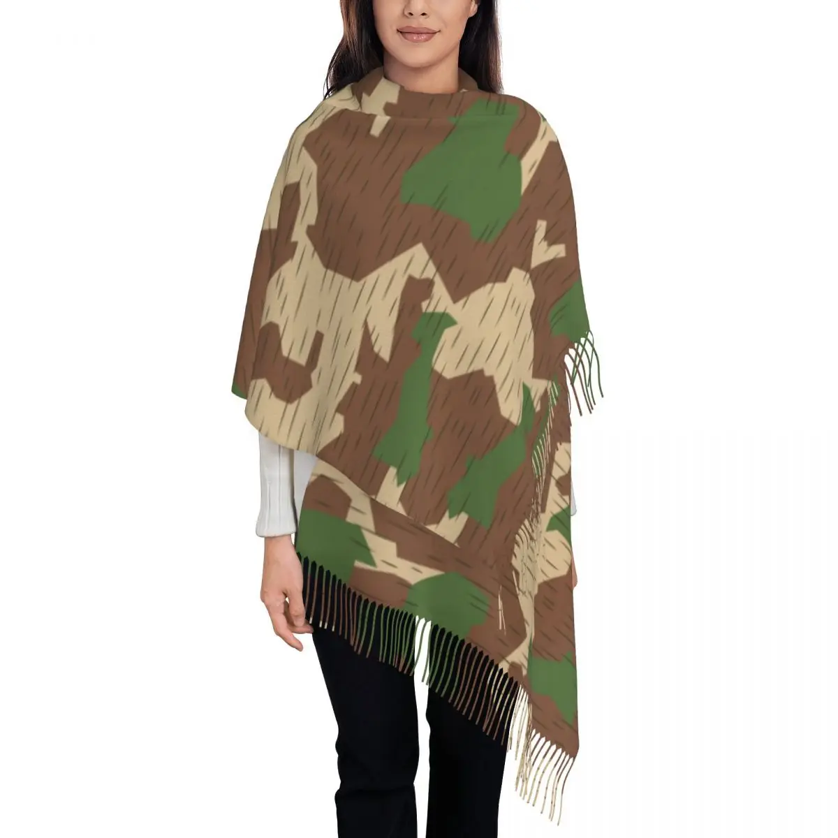 

Женские большие камуфляжные шарфы WW2 GermanySplintertarn Splinter, женские зимние толстые теплые шаль с кисточками, военный камуфляжный шарф