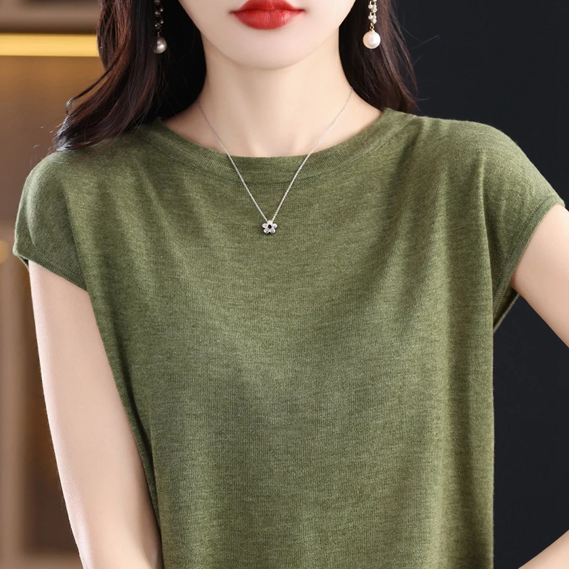 2024 Spring/summer new 100%Merino wool women\'s O-collar pullover short-sleeve knitwear Fashion solid color knitted T-shirt women