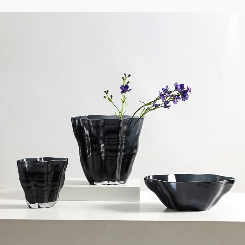 Black Glass Vase Horizontal Stripe Wavy Grain Flower Pot Flower Vase Glass Fruit Terrarium Home Decoration Accessories