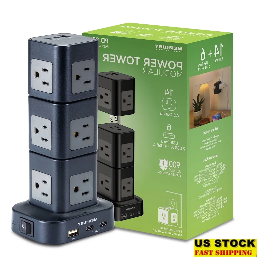 

Power Tower Surge Protector 14 AC Outlets 10 USB Ports Fast Charging Modular Design Compact Home Office Use