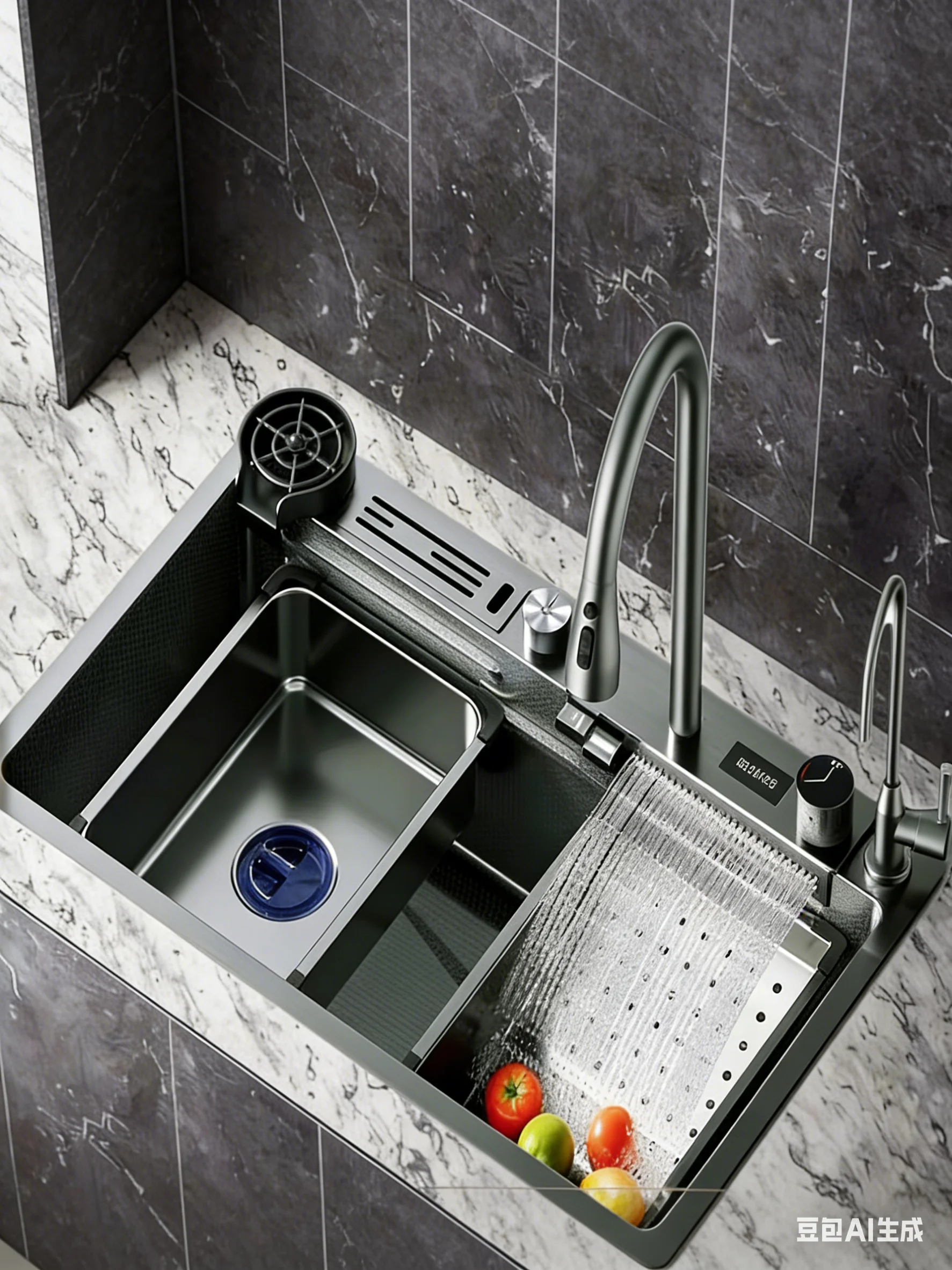 Intelligent Waterfall Single-Bowl Kitchen Sink — Handcrafted Stainless Steel with Knife Holder and Digital Display Multifuncti