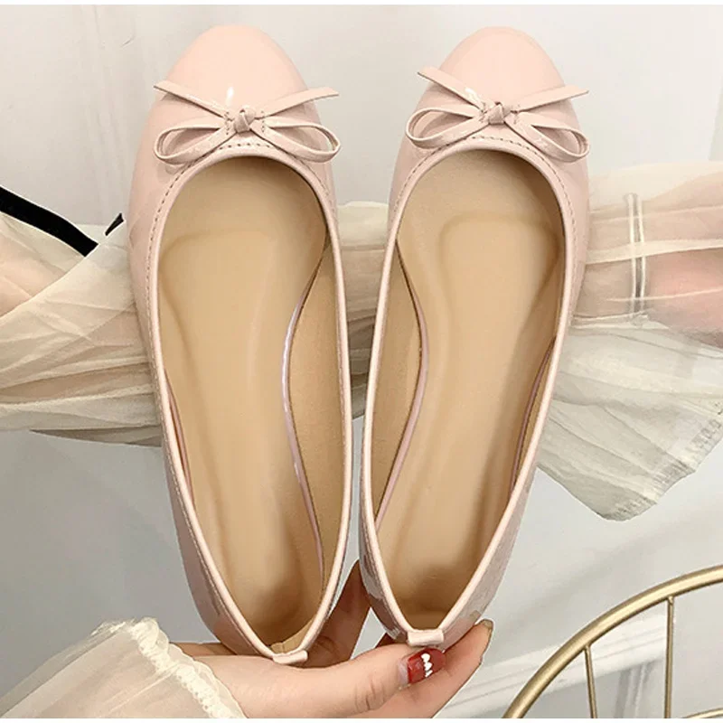 Women\'s Casual Patent Leather Korean Shoes Ladies Bowknot Shallow Elegant Female Moccasins Summer Autumn Flats Shoe 2023