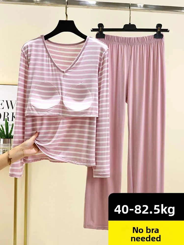 V-Neck Modal Sleepwear Set Striped Long Sleeve Home Clothes plus Size Slimming T-Shirt Casual Pants Women's Nightgown