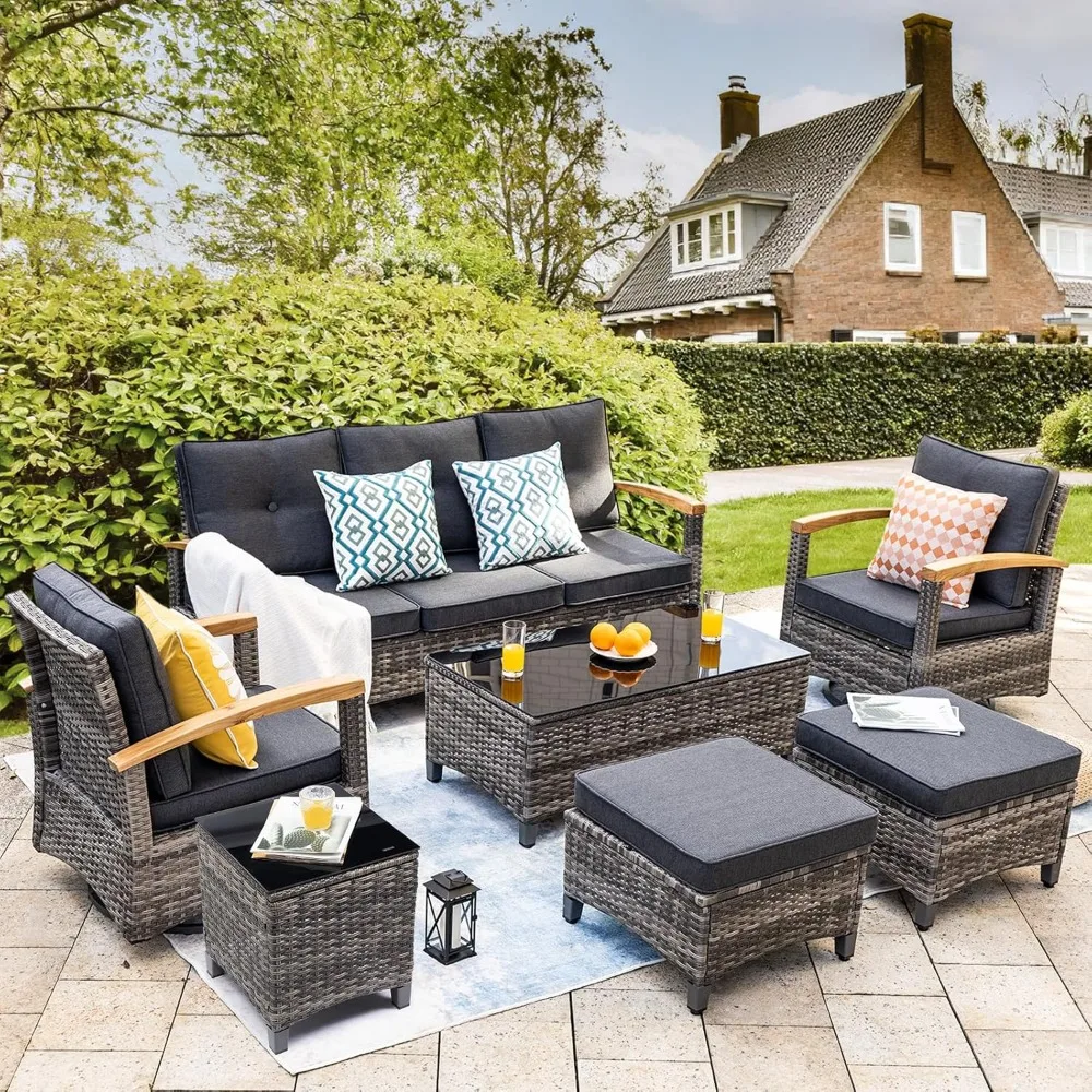 

7 Pieces Patio Furniture Sets,Outdoor Rattan Furniture Conversation Sets with 2 Wood Armrests Swivel Rocker Chairs, 2 Ottoman, 2