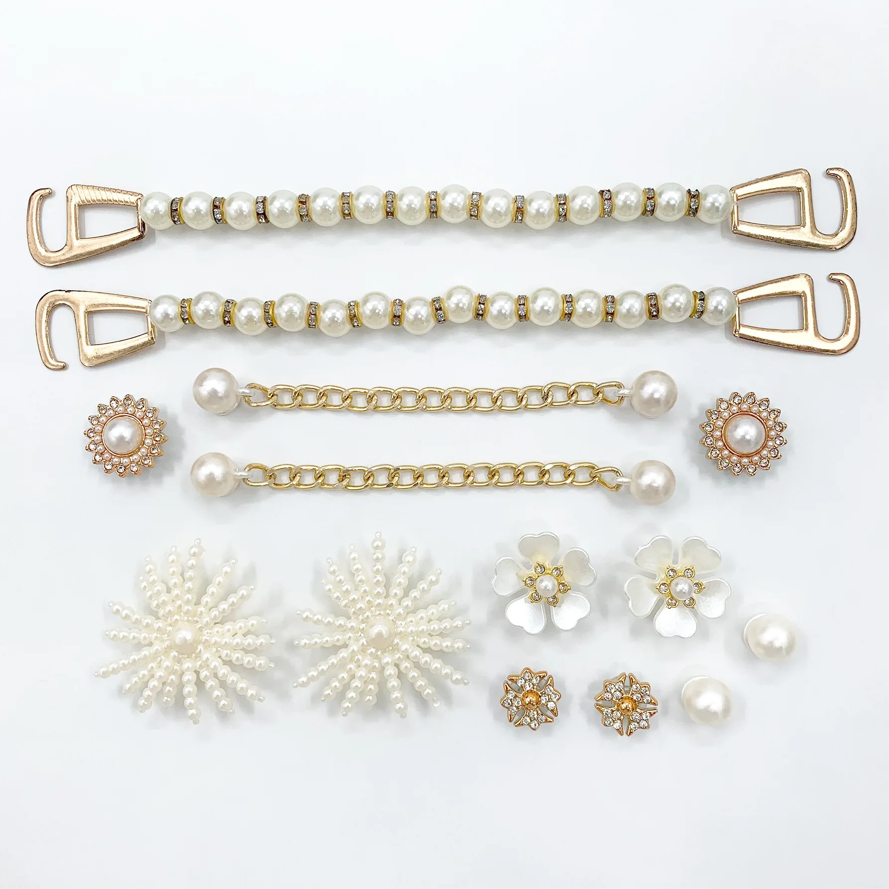 Gold Flower Rhinestone Pearl Chain Shoe Accessory DIY Detachable Fashion Footwear Modification Hole Shoe Flower
