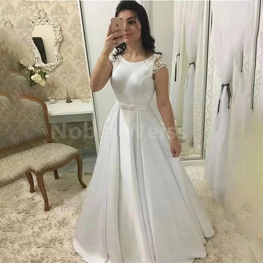 Elegant Satin A-Line Wedding Gown with Brush Train and Lace Cap Sleeves for Plus-Size Women customized