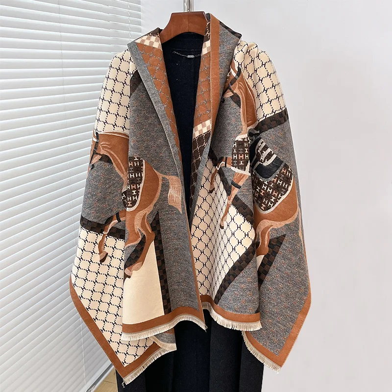 2024 Elegant Ladies\' Pashmina Jacquard Scarf Winter Thick Warmth Two-Sided The Horse Shawl Coldproof Windproof Blanket Scarf