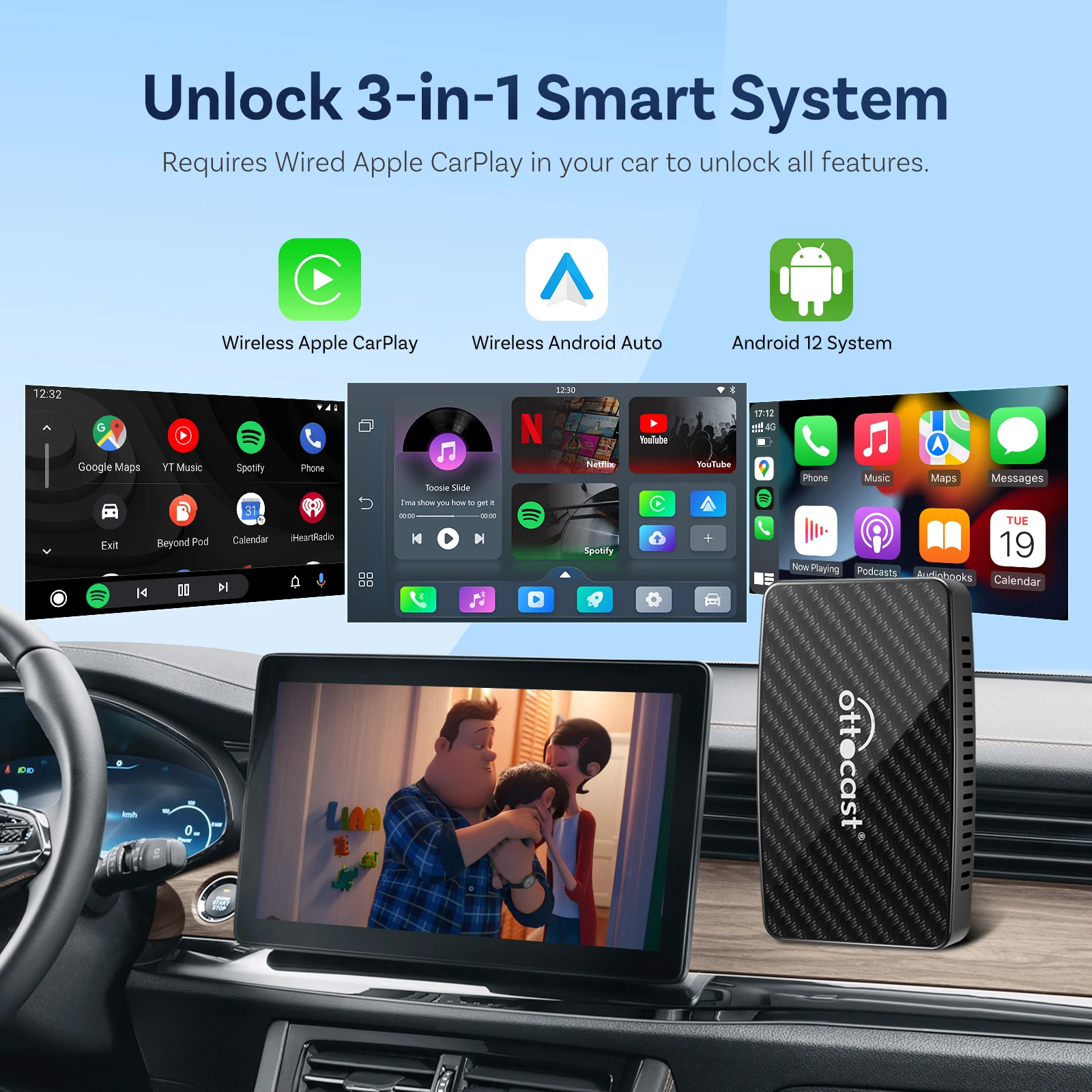 Ottocast Play2Video Pro 2026 Wireless Android Auto & CarPlay AI Box In-Car Video Streaming YouTube Netflix IPTV USB Plug & Play