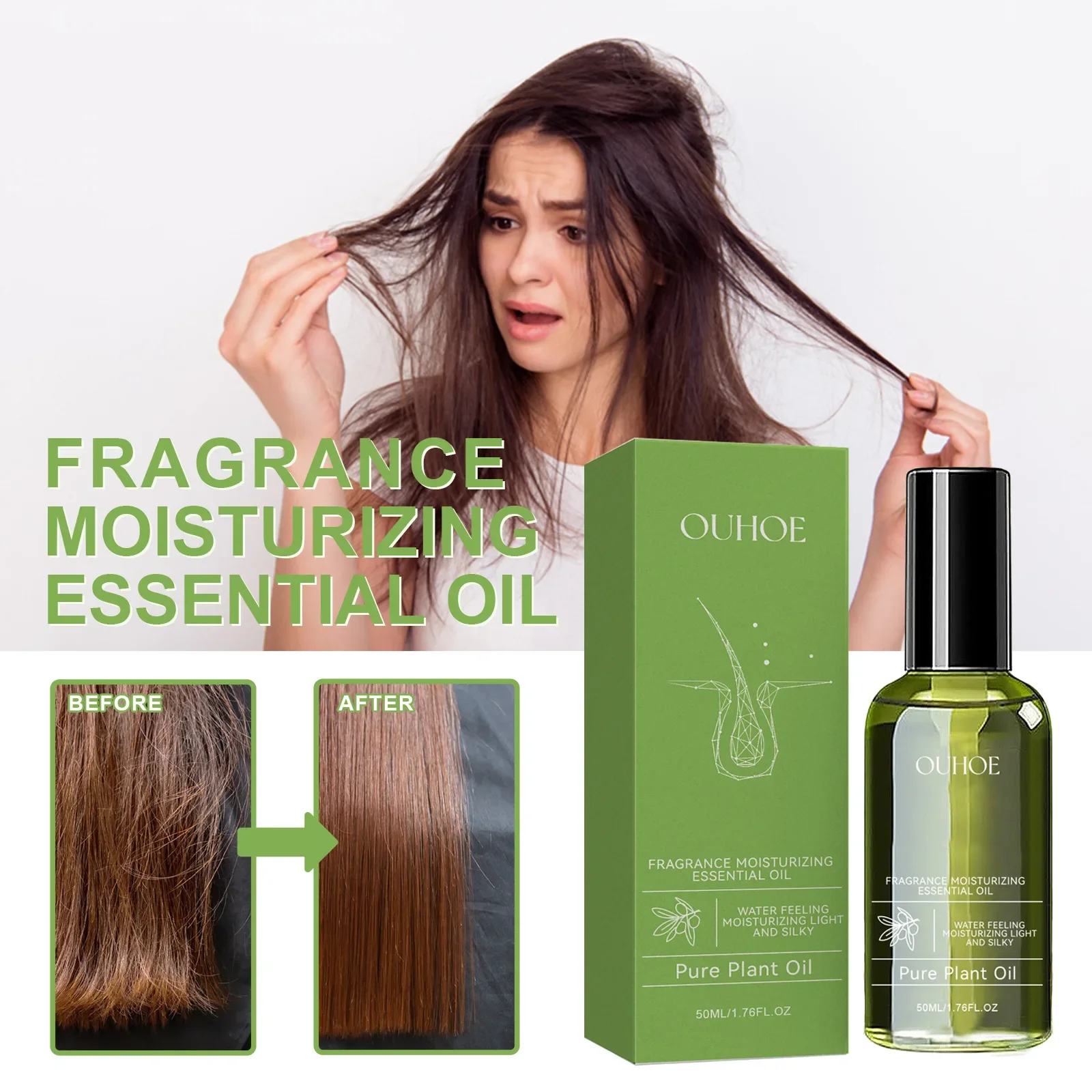 Ouhoe-aceite esencial para cabello denso, reparación de cabello dañado y seco, mejora los pelos encrespados, cabello fuerte, grueso, suave, antipérdida, 50ml