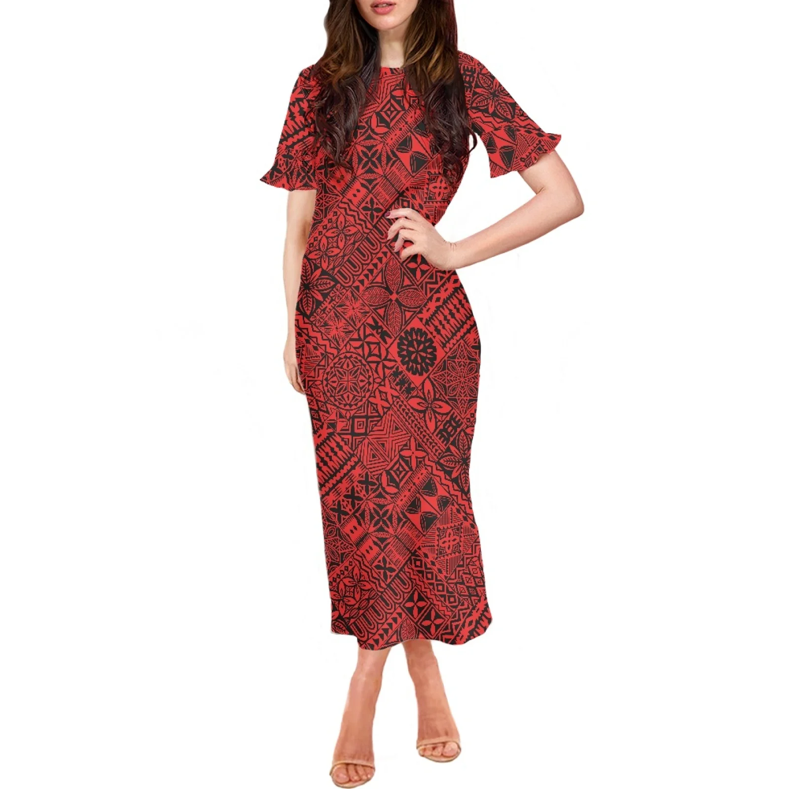 Robe longue à volants et manches courtes, col rond, à la mode, tenue de soirée, style Tribal polynésien, hawaïen, imprimé Hibiscus, rouge, été, 2023