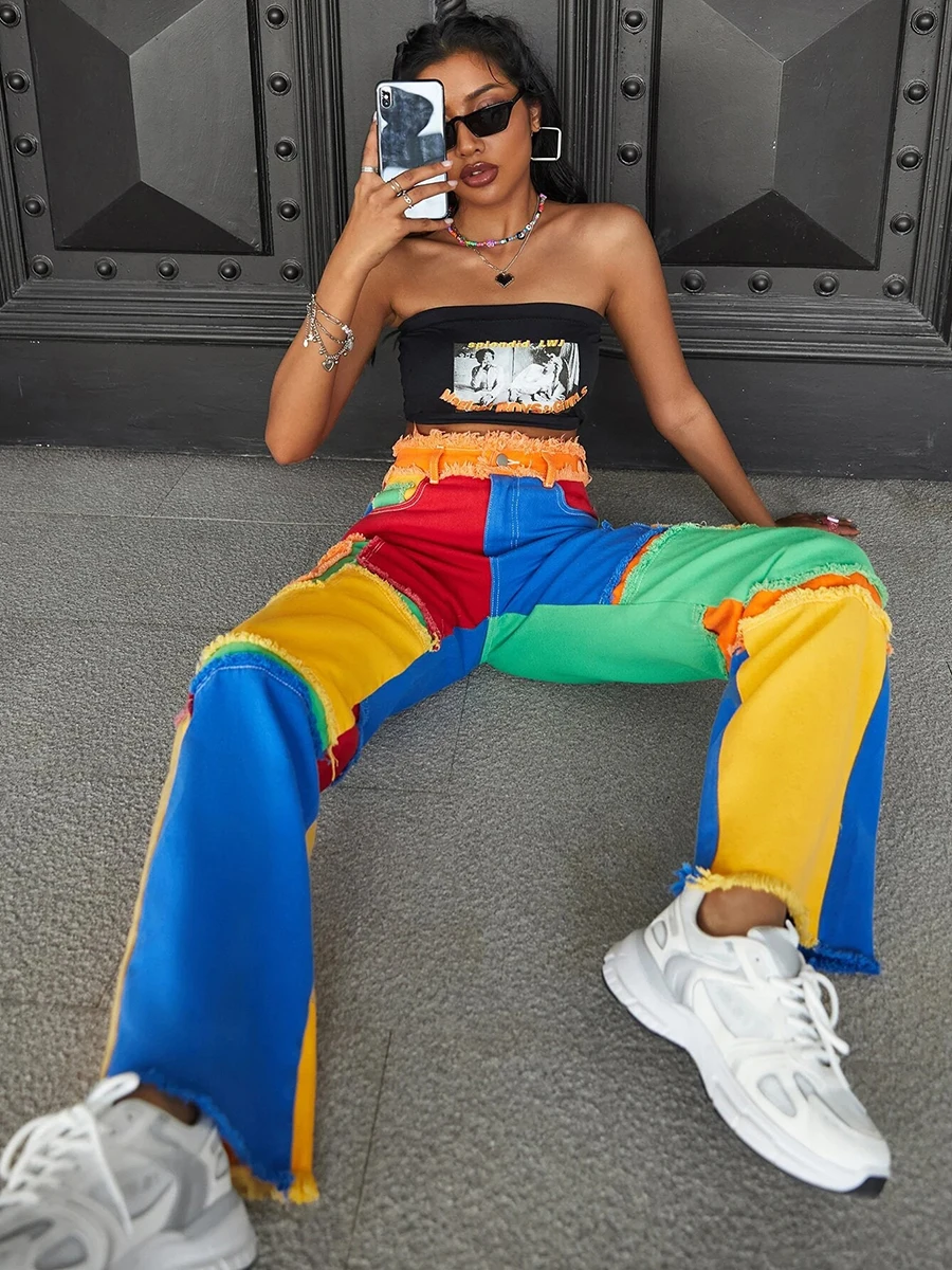 REDDACHiC Stitch Rainbow Color Block Baggy Jeans Women 90s Retro Frayed High Waist Y2k Trousers Holiday Casual Wide Leg Pants