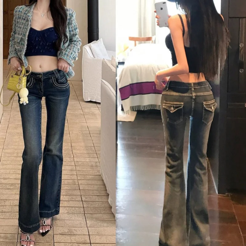 

Retro low-waist contrast-stitched embroidered jeans for women, autumn slim-fit, leg-lengthening, floor-length, slightly flared p