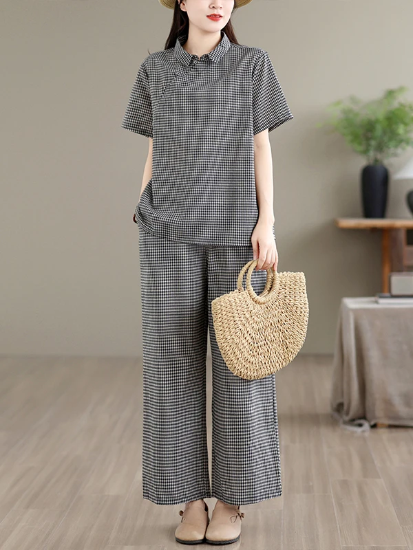 Women's Summer 2026 Vintage Plaid Loose Slimming Short Sleeve Wide Leg Pants Set Fashionable Casual Button-Up T-Shirt Ensemble