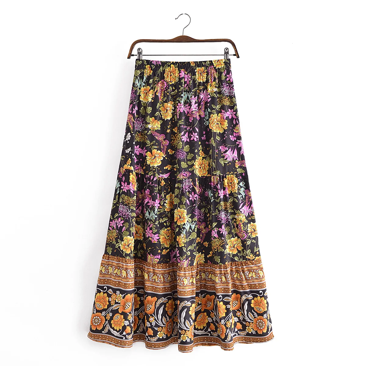 2022 Bohemia Black Floral Print Center buttons Long Skirt Spliced Ruched Hem Hippie Women Ball Tassel Waist Swing Skirts Holiday