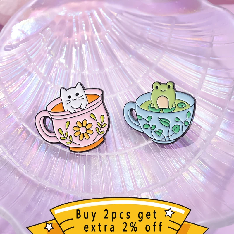 Kawaii Animal Tea Cup Enamel Pins Custom Bat Ghost Capybara Duck Frog Brooches Lapel Badges Jewelry Gift For Kid Friends