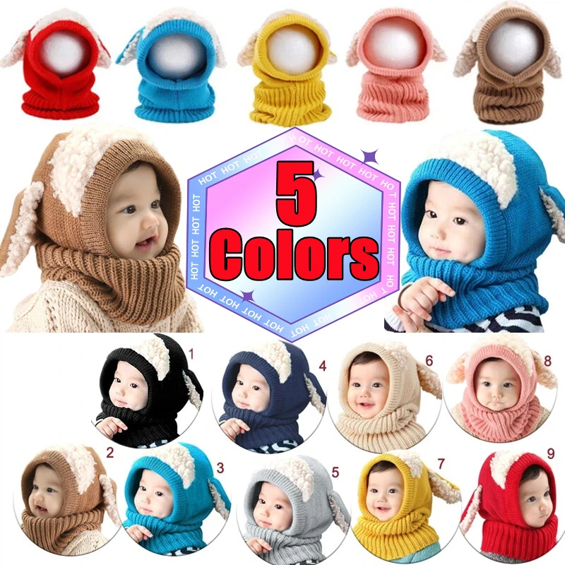 

New Fashion Children's Cute Puppy Winter Woolen Scarf Hat Baby Boys Girls 5Colors Warm Hats With Shawl For Kids 6-36 Month Gifts