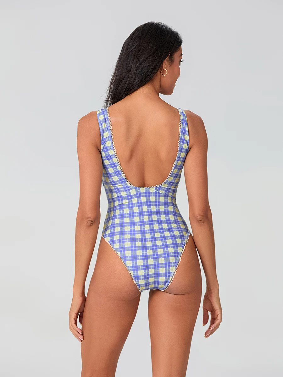 Costume da bagno tankini da donna con stampa scozzese senza maniche, scollo a U, costume da bagno estivo senza schienale