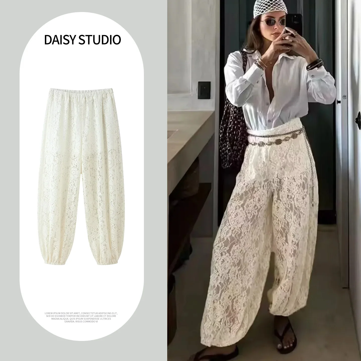 

Новые весенние женские повседневные брюки свободного кроя с кружевной отделкой, эластичным поясом, подкладкой из полиэфирного волокна, для пляжа и отдыха