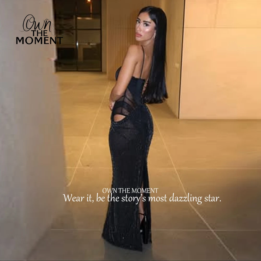 OTM فستان ماكسي مثير بحمالات رفيعة للنساء موضة بدون أكمام شبكي مقسم سباركلي ترتر للحفلات المسائية فستان طويل مخصص