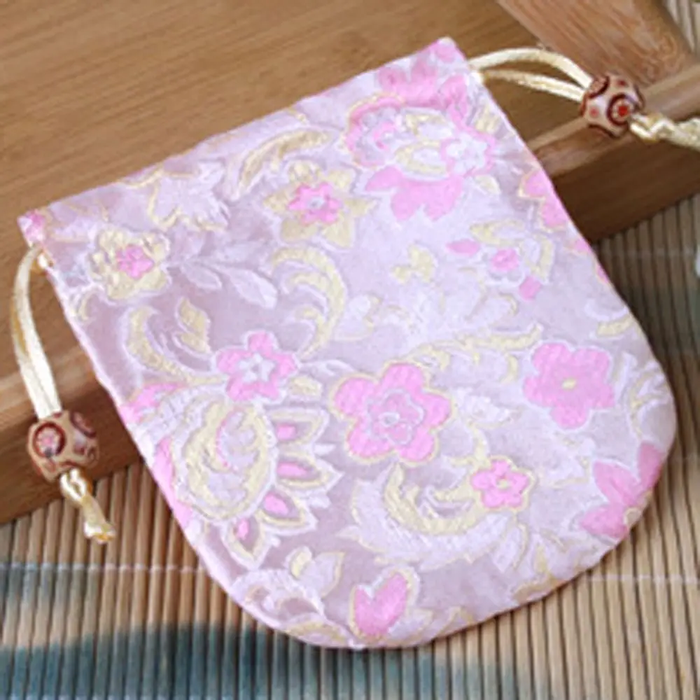 Floral Embroidery Flower Drawstring Bag Jewelry Packing Bag Beaded Small Coin Purse Wallet Hanfu Wrist Bag Large Capacity