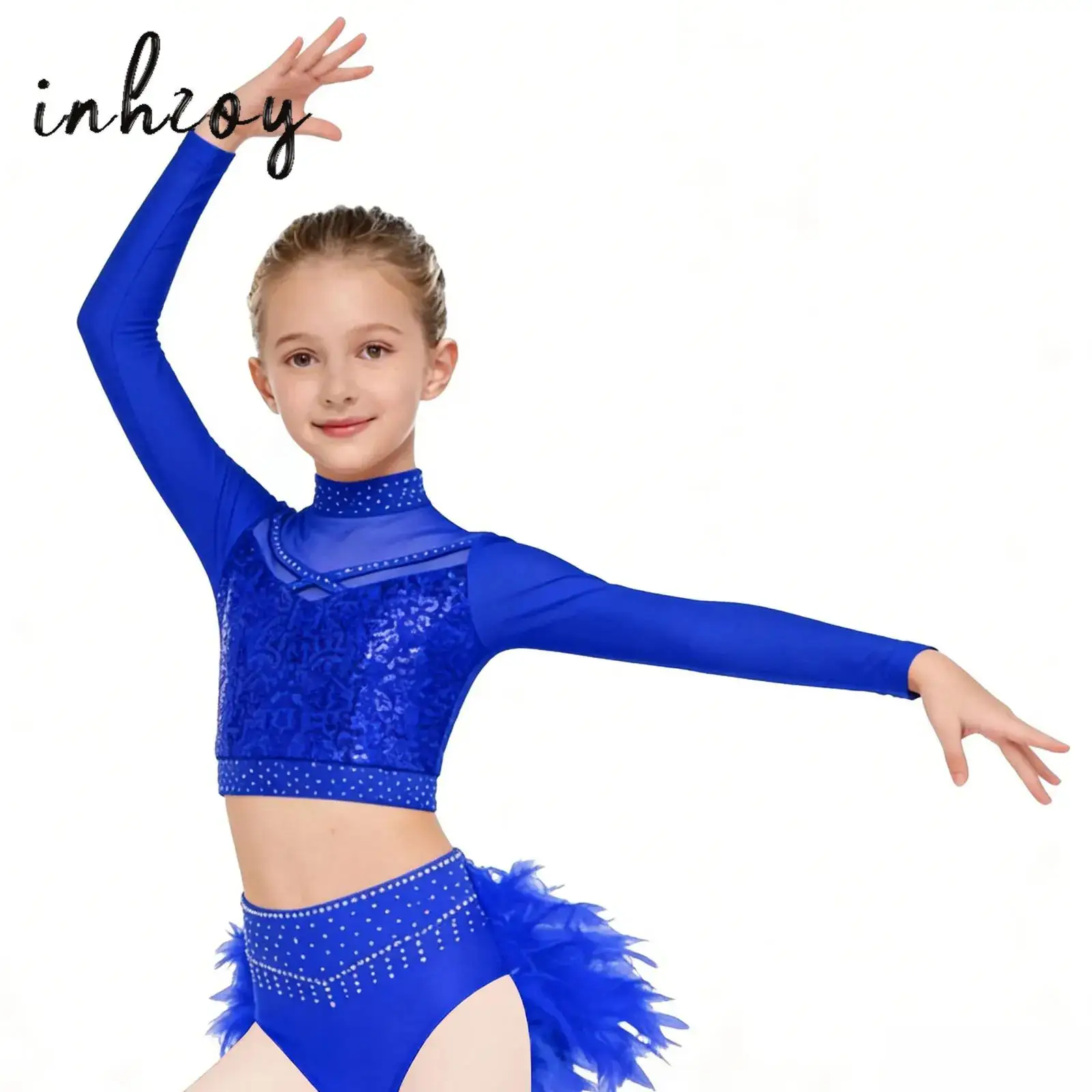 

Kids Girls Latin Jazz Dance Performance Costumes Sets Figure Skating Lyrical Sequins Metallic Crop Top with Feather Skirt Bottom
