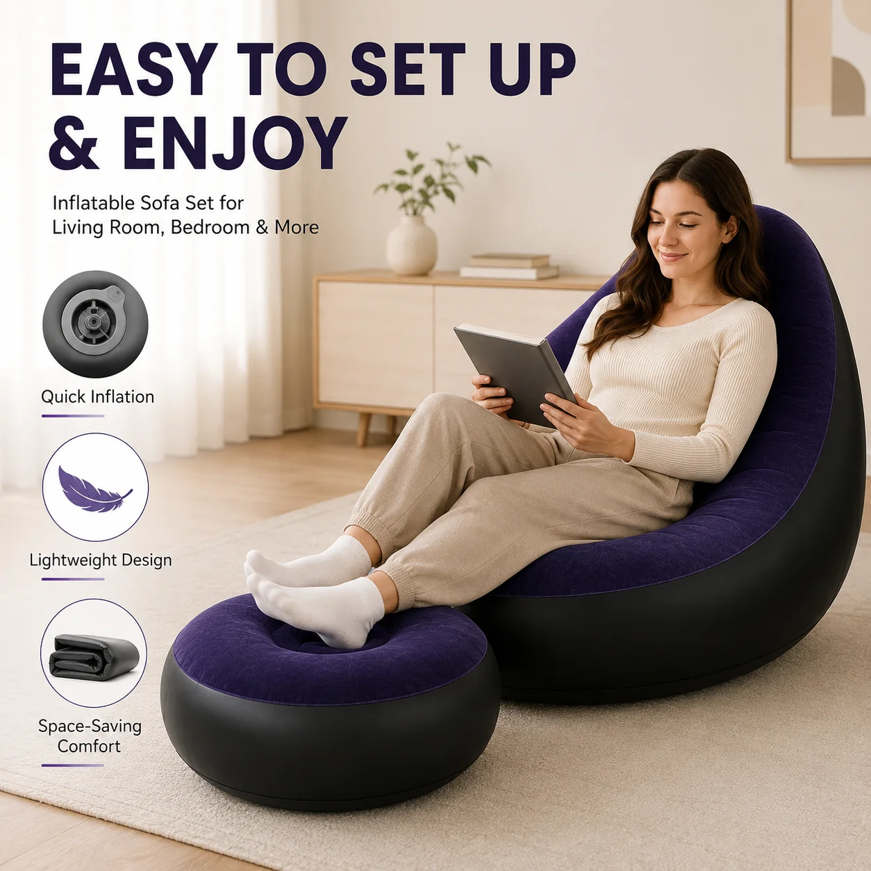 1PC Inflatable Sofa Chair with Set Air Lounge Chair, Flocked PVC Portable Floor Seat, Ergonomic Backrest for Home Living Room