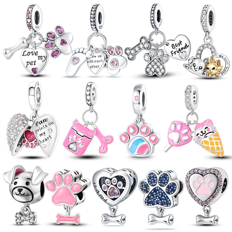 

925 Sterling Silver loving dog Beads dog paw Charms Fit Brand 3mm Original Bracelets Fine DIY Women Jewelry Gift