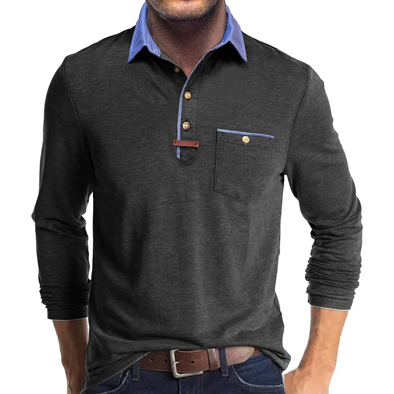 Langarm-Poloshirt für Herren, lässig, schmale Passform, Henley-Kragen, T-Shirt mit Tasche, Smart Blend Tops – Detail 8