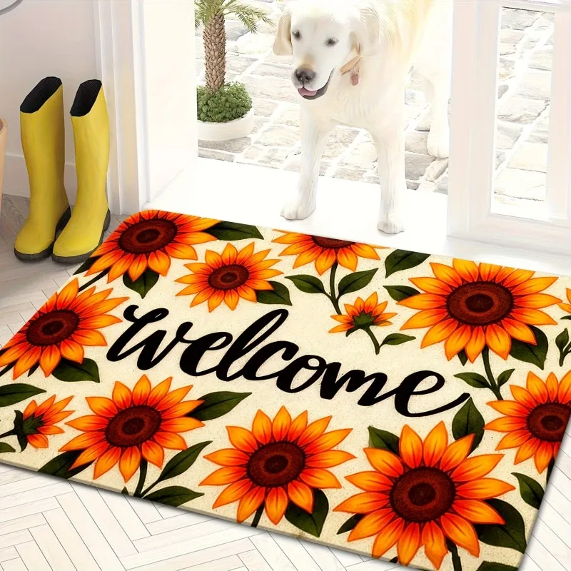 Rustic Welcome Floral Style Cream mat Sunflower Cluster Welcome Script Print Non Slip Front Entryway Home Doormat