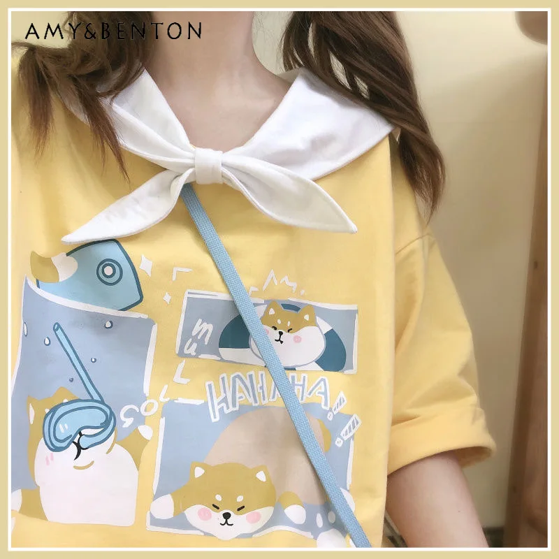

Japanese 2025 Summer New College Style Yellow Navy Collar Cute Sweet Top Short-sleeved T-shirt For Women