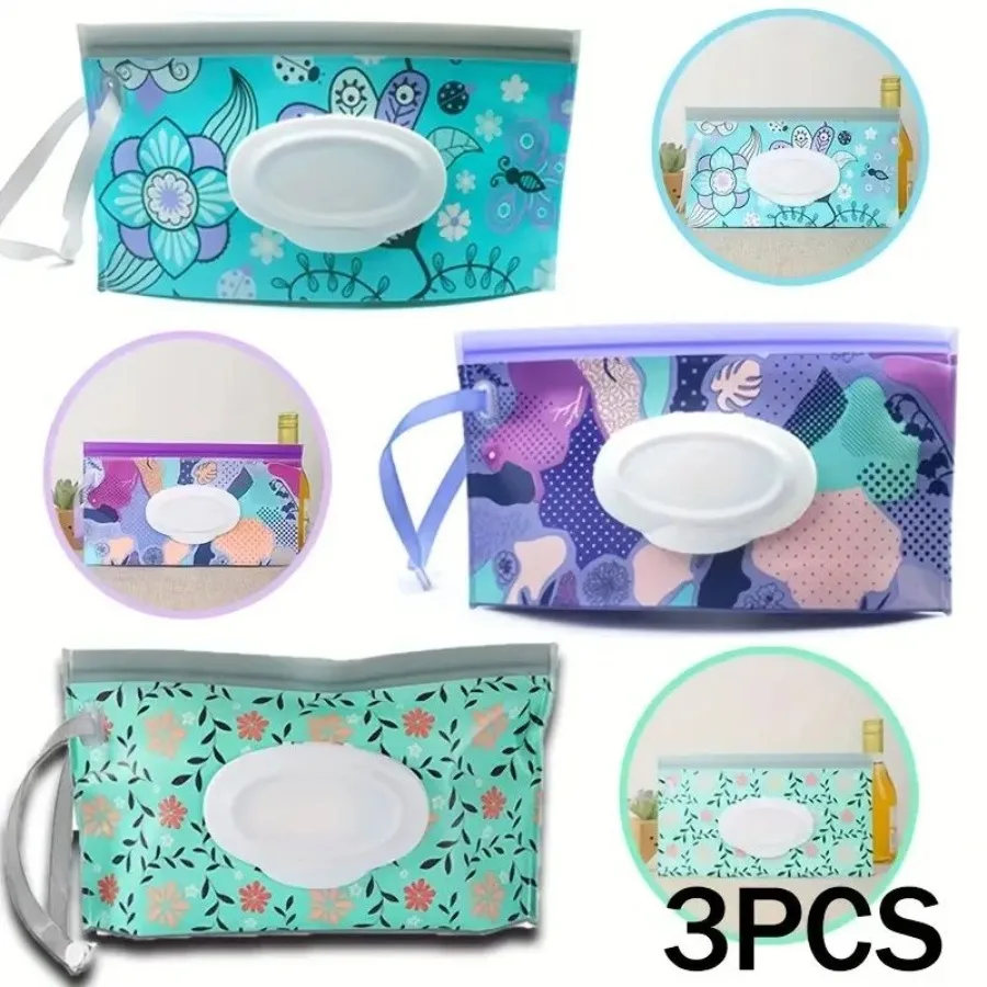 

3Pack Floral Wipe Dispensers Leakproof Refillable Travel Pouches for Baby Makeup Cleaning Wipes