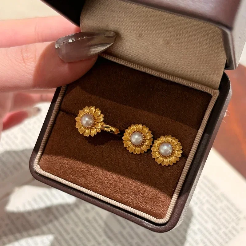 Vintage court style high-end brushed sunflower pearl ring earrings for women necklace jewelry set classic charm wedding ornament