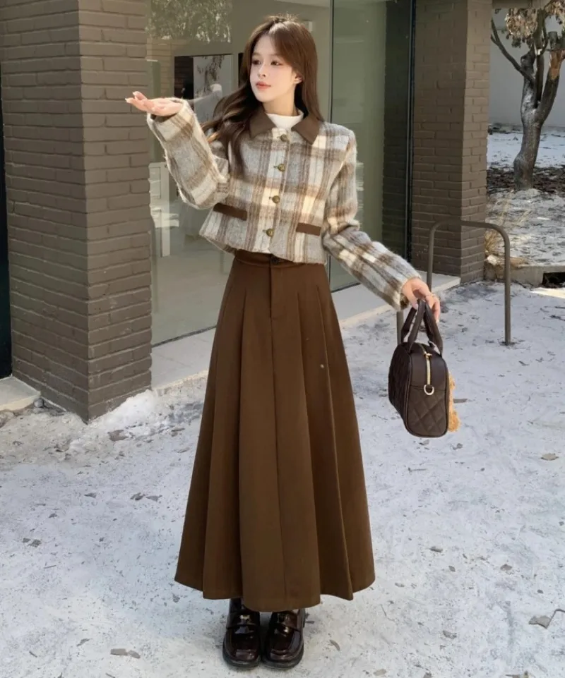 

Vintage Plaid Short Jacket Turn Down Collar Coat Pleated Long Skirt Fashion Elegant Two Piece Set Korean Women Clothing