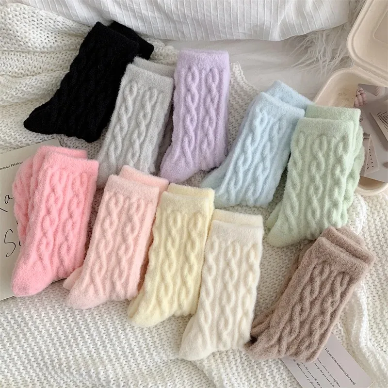 Warm Women's Socks New Winter Japanese Fashion Solid Color Fluffy Socks For Girls Home Thick Cute Floor Socks Kawaii Autumn Soft view 2