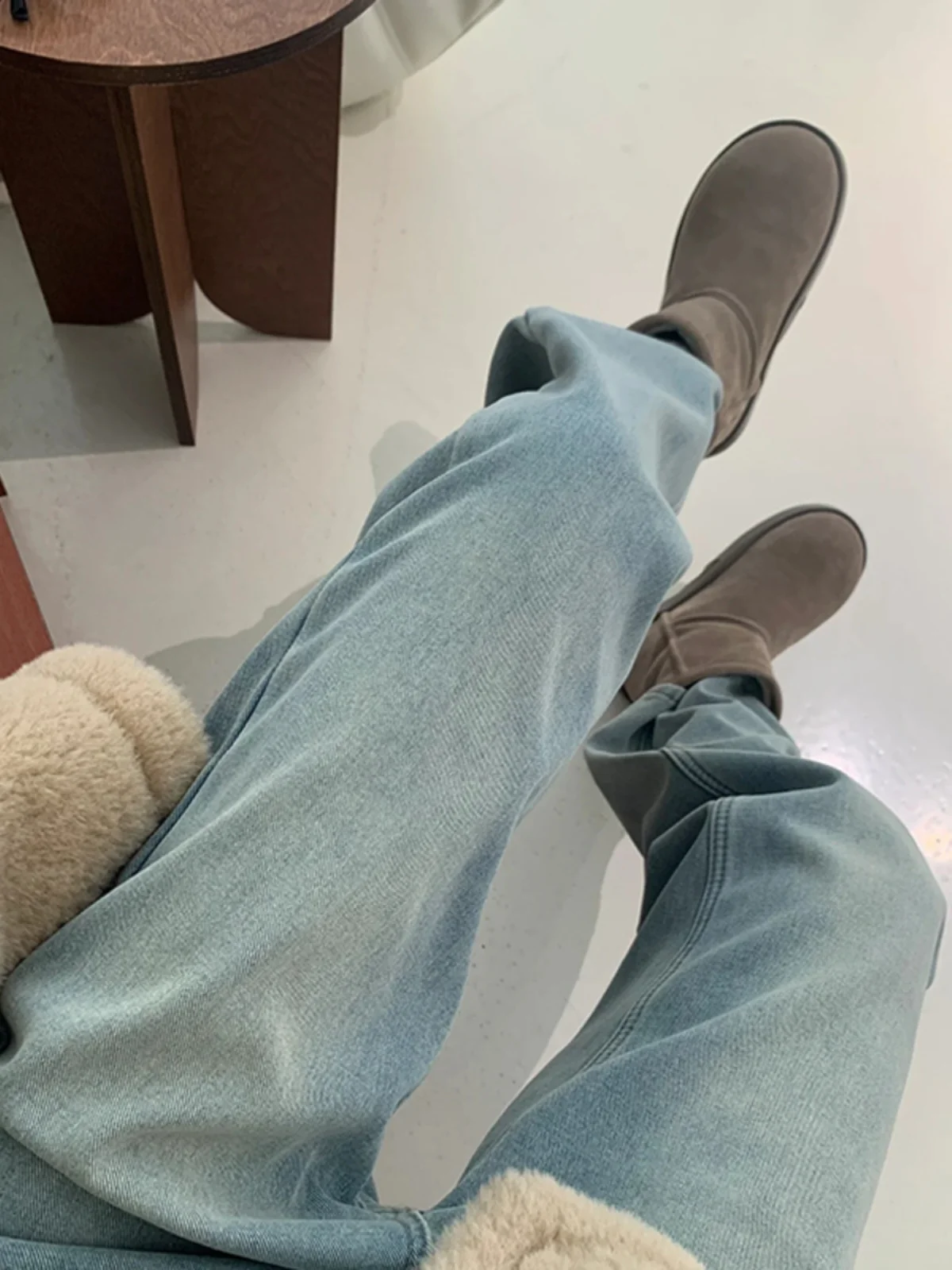 

Waed Light Blue Denim Jeans Men's Autumn Winter Thiened Fce High Waist Straight Leg Bootcut Trousers Street Sle