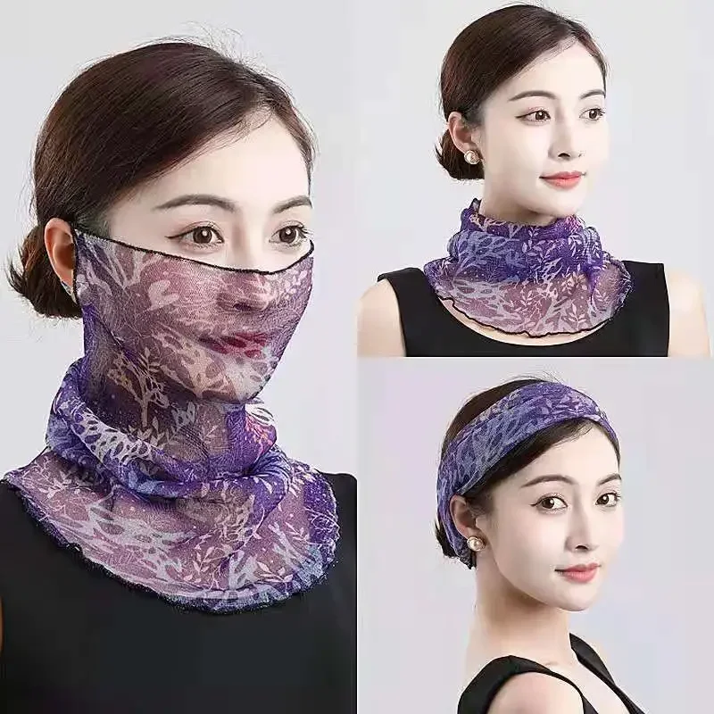 Spring Summer Chiffon Neck Collar Scarf Women Head Thin Sunscreen Variety Small Silk Anti-UV Scarf Mask Multi-Function Scarf