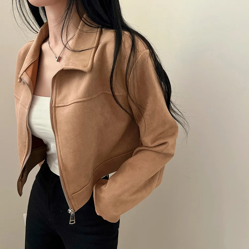 Schicke Vintage-Lederjacke mit Samtbesatz, langem Ärmel, Reißverschlusskragen, Damenmode, schlanke Passform, einfarbig, Oberbekleidung