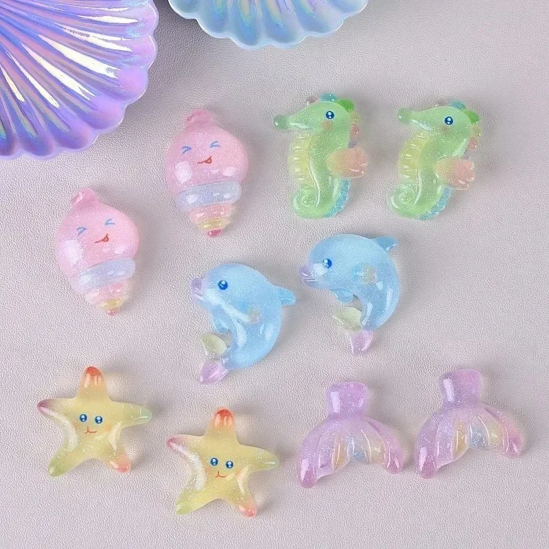 10Pcs Ocean Animal Flatback Resin Patches Sparkly Dolphin Starfish Charms for DIY Handcraft Small Decor Ornaments